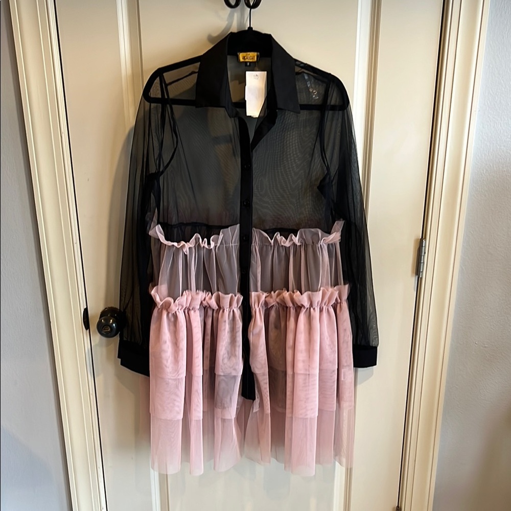 Black and Pink Sheer Dress with Ruffle Skirt